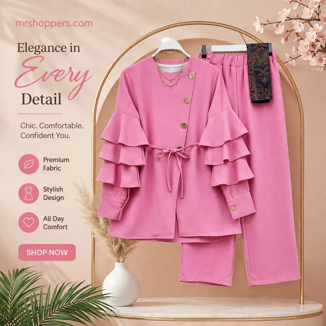 Pink Stylish Ladies 2-Piece Set (Top + Pant)