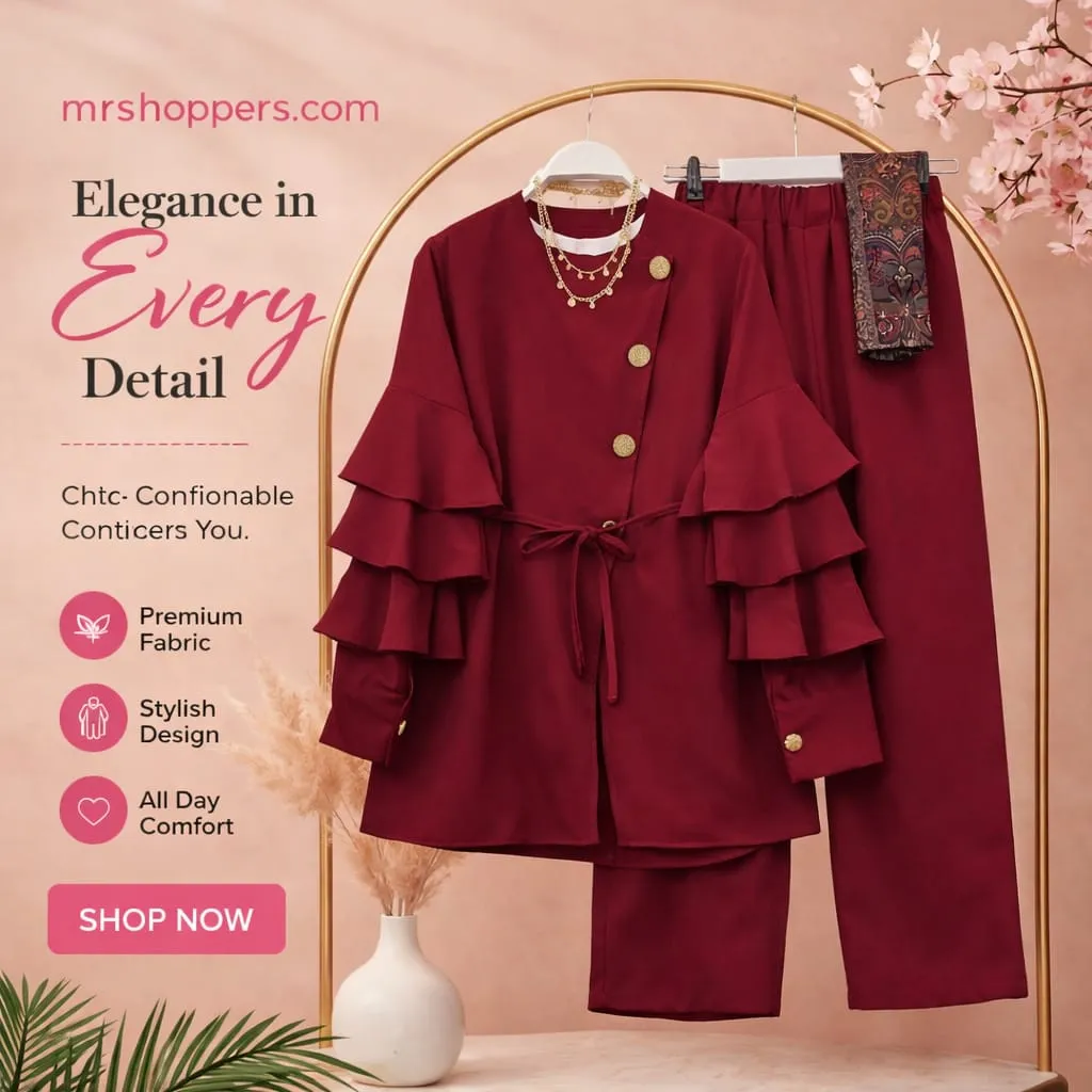 Wine Red Stylish Ladies 2-Piece Set (Top + Pant)
